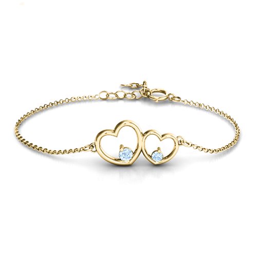 Double Heart With Two Stones Bracelet – 18K Gold Plated Silver with Aquamarine