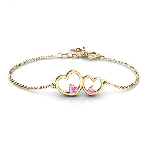 Double Heart With Two Stones Bracelet – 18K Gold Plated Silver with Pink Tourmaline