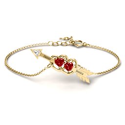 Double Heart with Arrow and Two Heart Stones Promise Bracelet in 18K Gold Plated Silver with Garnet and White Premium Zirconia