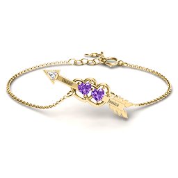 Double Heart with Arrow and Two Heart Stones Promise Bracelet in 18K Gold Plated Silver with Amethyst and White Premium Zirconia