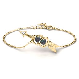 Double Heart with Arrow and Two Heart Stones Promise Bracelet in 18K Gold Plated Silver with Alexandrite and White Premium Zirconia