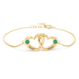 Interlocking Heart Promise Bracelet with Two Stones in 18K Gold Plated Silver with Emerald
