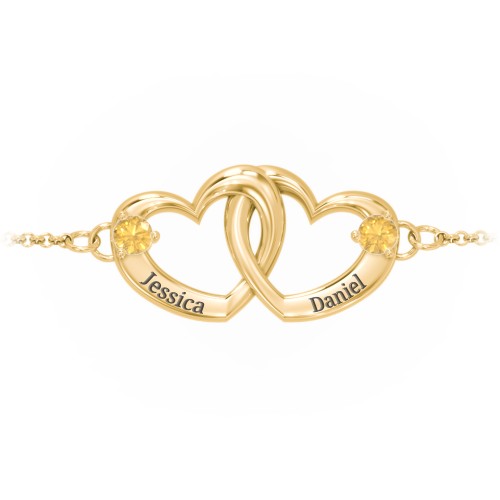 Interlocking Heart Promise Bracelet with Two Stones – 18K Gold Plated Silver with Citrine