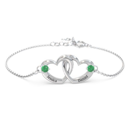 Interlocking Heart Promise Bracelet with Two Stones – Sterling Silver with Emerald