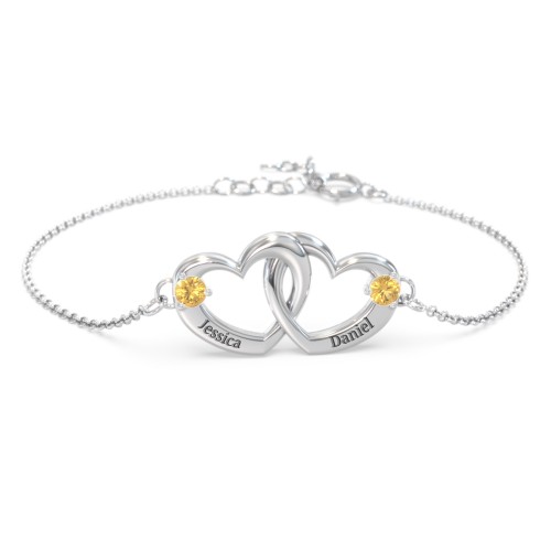 Interlocking Heart Promise Bracelet with Two Stones – Sterling Silver with Citrine