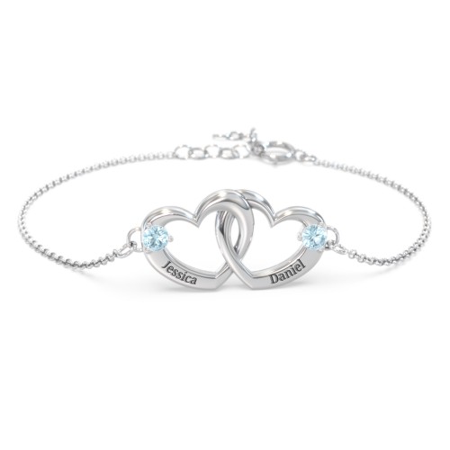 Interlocking Heart Promise Bracelet with Two Stones – Sterling Silver with Blue Topaz