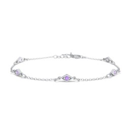 Diamond Shape Charm Bracelet with Gemstones in 925 Sterling Silver with Amethyst