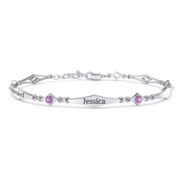 Engravable Modern Family Bracelet with Round Birthstones (1-5 Stones) in 925 Sterling Silver with Amethyst, Garnet, and Blue Topaz