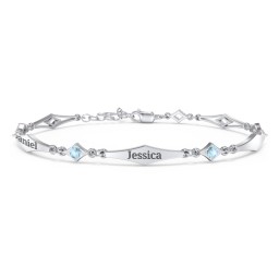 Engravable Modern Family Bracelet with Round Birthstones (1-5 Stones) in 925 Sterling Silver with Blue Topaz and Garnet