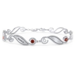 Engravable Beaded Family Bracelet with Round Birthstones (1-6 Stones) in 925 Sterling Silver with Garnet, Fancy Blue Premium Zirconia, Pink Tourmaline, and Emerald
