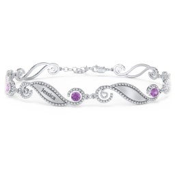 Engravable Beaded Family Bracelet with Round Birthstones (1-6 Stones) in 925 Sterling Silver with Amethyst, Fancy Blue Premium Zirconia, Pink Tourmaline, and Emerald