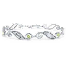 Engravable Beaded Family Bracelet with Round Birthstones (1-6 Stones) in 925 Sterling Silver with Peridot, Fancy Blue Premium Zirconia, Pink Tourmaline, and Emerald