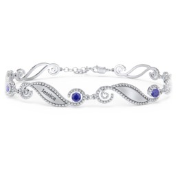 Engravable Beaded Family Bracelet with Round Birthstones (1-6 Stones) in 925 Sterling Silver with Blue Sapphire, Fancy Blue Premium Zirconia, Pink Tourmaline, and Emerald