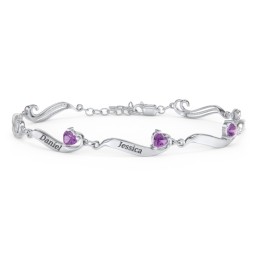 Engravable Milgrain Family Bracelet with Heart Birthstones (1-7 Stones) in 925 Sterling Silver with Amethyst, Peridot, Blue Topaz, and Pink Tourmaline