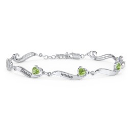 Engravable Milgrain Family Bracelet with Heart Birthstones (1-7 Stones) in 925 Sterling Silver with Peridot, Blue Topaz, Pink Tourmaline, and Amethyst