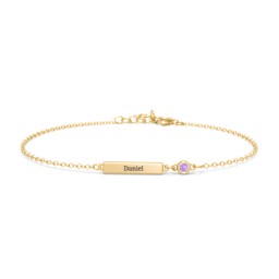 Engravable Bar Bracelet with Bezel Set Stone in 18K Gold Plated Silver with Amethyst
