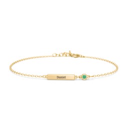 Engravable Bar Bracelet with Bezel Set Stone in 18K Gold Plated Silver with Emerald