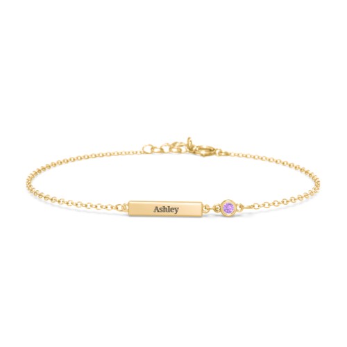Engravable Bar Bracelet with Bezel Set Stone – 18K Gold Plated Silver with Amethyst