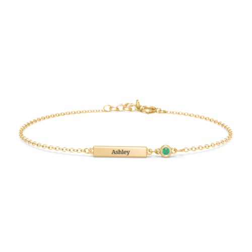 Engravable Bar Bracelet with Bezel Set Stone – 18K Gold Plated Silver with Emerald