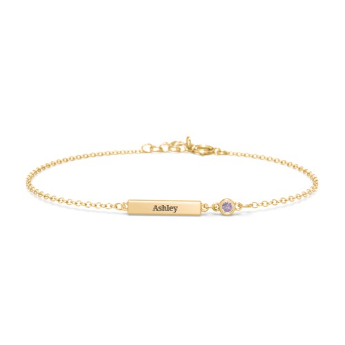 Engravable Bar Bracelet with Bezel Set Stone – 18K Gold Plated Silver with Alexandrite