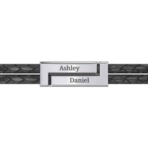 Engravable Sterling Silver Rectangle Leather Bracelet