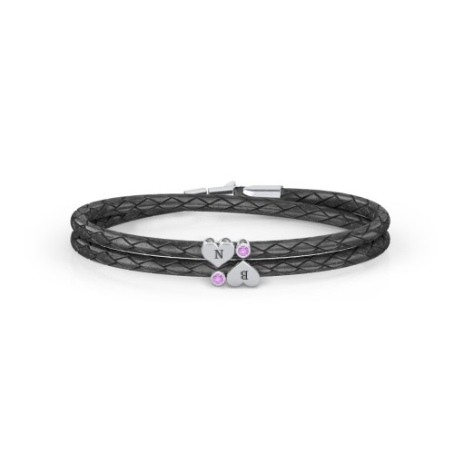 Engravable Sterling Silver Heart & Gemstone Leather Bracelet - 2 – Sterling Silver with Amethyst