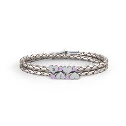 Engravable Sterling Silver Heart & Gemstone Leather Bracelet - 4 in 925 Sterling Silver with Amethyst