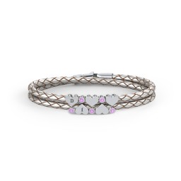 Engravable Sterling Silver Heart & Gemstone Leather Bracelet - 5 in 925 Sterling Silver with Amethyst