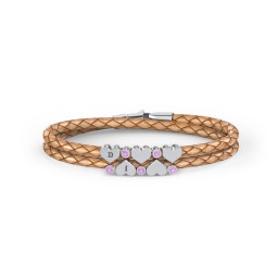 Engravable Sterling Silver Heart & Gemstone Leather Bracelet - 5 in 925 Sterling Silver with Amethyst