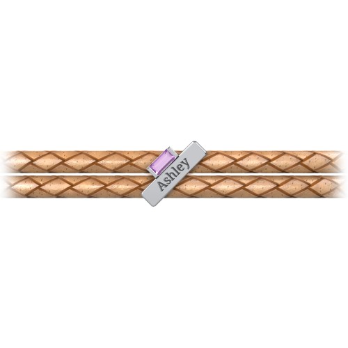 Engravable Sterling Silver Bar & Baguette Leather Bracelet – Sterling Silver with Amethyst