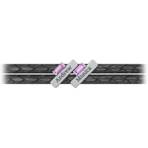 Engravable Sterling Silver Bar & Baguette Leather Bracelet - 2 – Sterling Silver with Amethyst