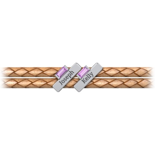 Engravable Sterling Silver Bar & Baguette Leather Bracelet - 2 – Sterling Silver with Amethyst