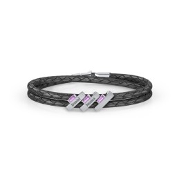 Engravable Sterling Silver Bar & Baguette Leather Bracelet - 3 in 925 Sterling Silver with Amethyst