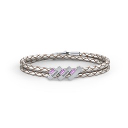 Engravable Sterling Silver Bar & Baguette Leather Bracelet - 3 in 925 Sterling Silver with Amethyst