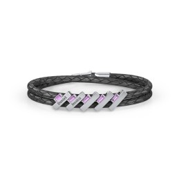 Engravable Sterling Silver Bar & Baguette Leather Bracelet - 5 in 925 Sterling Silver with Amethyst