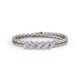 Engravable Sterling Silver Bar & Baguette Leather Bracelet - 5 in 925 Sterling Silver with Amethyst