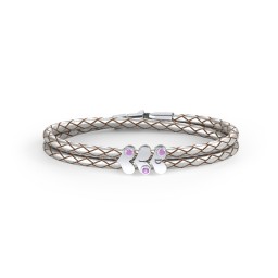 Engravable Sterling Silver Gemstone Heart Leather Bracelet - 3 in 925 Sterling Silver with Amethyst