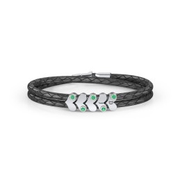 Engravable Sterling Silver Gemstone Heart Leather Bracelet - 5 in 925 Sterling Silver with Emerald