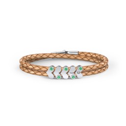 Engravable Sterling Silver Gemstone Heart Leather Bracelet - 5 in 925 Sterling Silver with Emerald