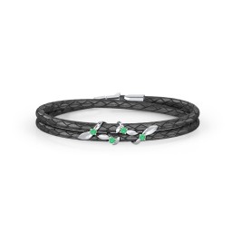 Sterling Silver Ivy & Gemstone Leather Bracelet in 925 Sterling Silver with Emerald