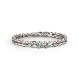 Sterling Silver Ivy & Gemstone Leather Bracelet in 925 Sterling Silver with Emerald