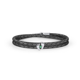 Sterling Silver Baby Feet Leather Bracelet With Birthstone in 925 Sterling Silver with Emerald