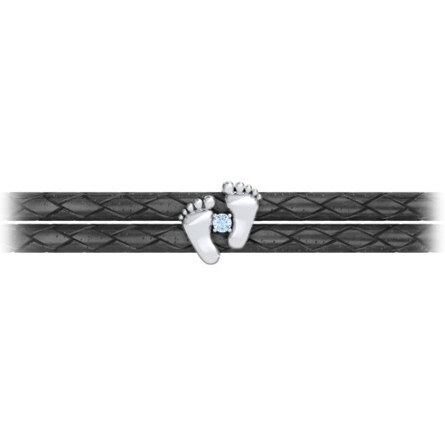 Sterling Silver Baby Feet Leather Bracelet With Birthstone – Sterling Silver with Aquamarine