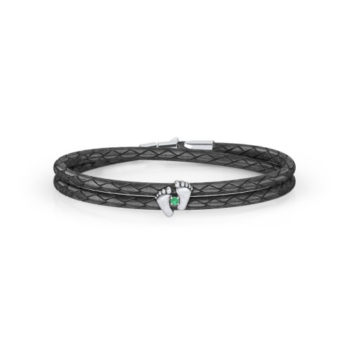 Sterling Silver Baby Feet Leather Bracelet With Birthstone – Sterling Silver with Emerald