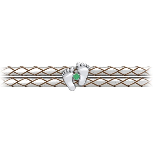 Sterling Silver Baby Feet Leather Bracelet With Birthstone – Sterling Silver with Emerald