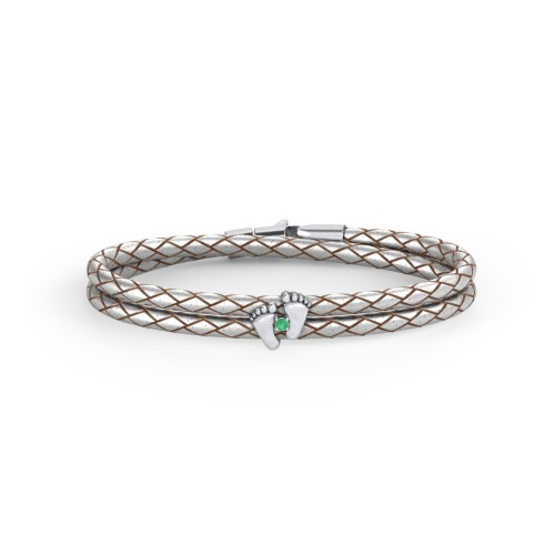 Sterling Silver Baby Feet Leather Bracelet With Birthstone – Sterling Silver with Emerald