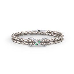 Sterling Silver Infinity Leather Bracelet with Gemstones in 925 Sterling Silver with Emerald