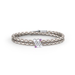 Engravable Sterling Silver Diagonal Bar Leather Bracelet with Gemstones in 925 Sterling Silver with Amethyst