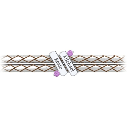 Engravable Sterling Silver Diagonal Bar Leather Bracelet with Gemstones – Sterling Silver with Amethyst