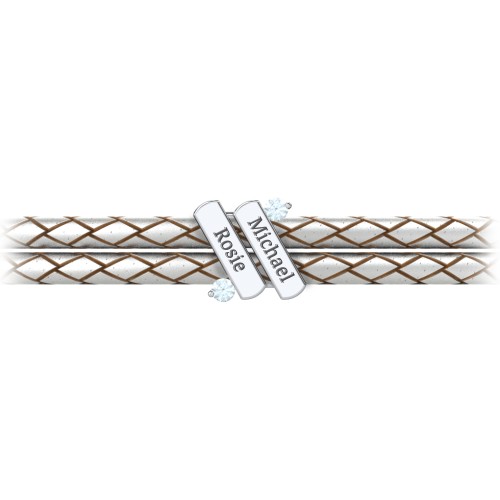Engravable Sterling Silver Diagonal Bar Leather Bracelet with Gemstones – Sterling Silver with Aquamarine